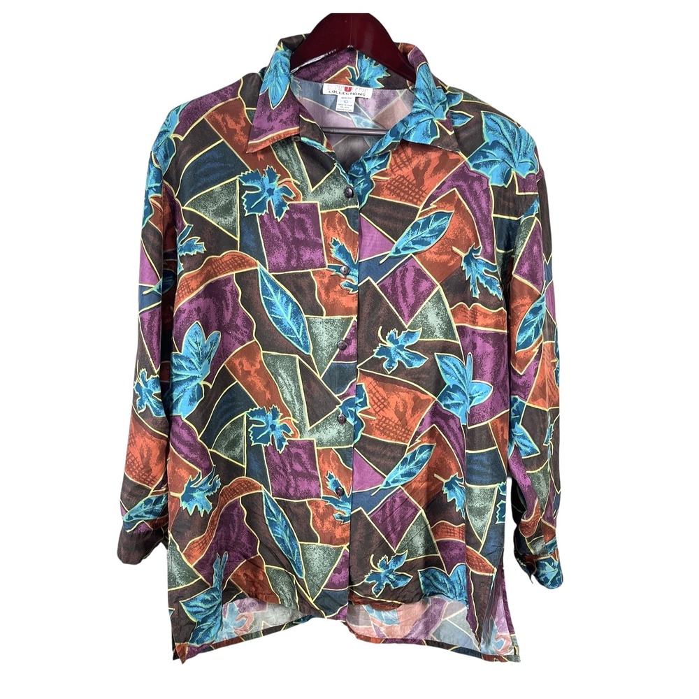 Vtg STUNT Collections Blouse Womens L 100% Silk Loop Collar Relaxed Button Up